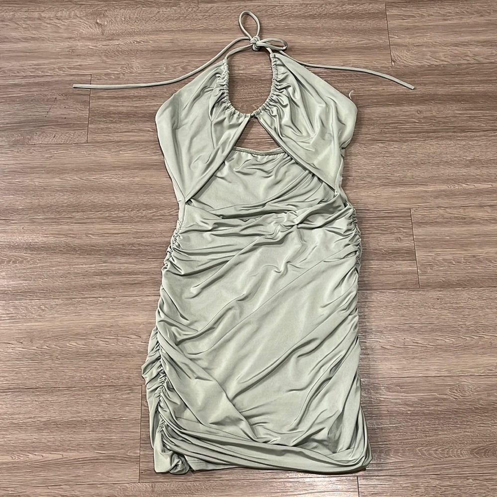 Green Taupe Ruched Halter Dress with front Cutout